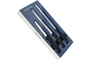 Arcos Set Jamonero 3 Piezas - Cuchillo Jamonero, Deshuesador, Chaira y Estuche - Acero Inoxidable NITRUM. Mango Ergonómico de Polipropileno Color Negro. Serie 2900