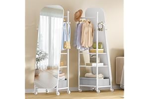 Hzuaneri Specchi da Terra, Specchio da trucco con Appendiabiti, 160 x 50 cm, Ruote Girevoli a 360°, Large mirror con Contenitore e Ganci, Adatto per Camera da Letto, Guardaroba, Soggiorno, Bianco
