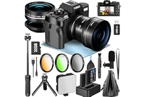 NBD Cámara Digital 4K, Cámara de Vlogging de 48 MP para Youtube con Micrófono, Filtro Tricromático, WiFi y Mango de Trípode, Cámara con Lente Gran Angular y Macro, cámara de Viaje (Negro)