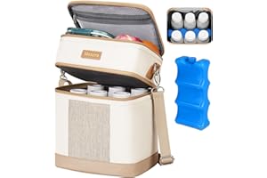 Mancro Double Layer Breast Milk Cooler Bag, Insulated Baby Bottle Bag with Ice Packs fits 6 Bottles Up to 9 Ounces and a Wearable Breast Pump, Baby Bottle Cooler for Daycare and Nursing Moms, Beige