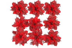 Toddmomy 24 Pezzi Decorazioni Natalizie Poinsettia Glitter Fiori di Natale Artificiali per Ornamenti Albero di Natale (Rosso 1)