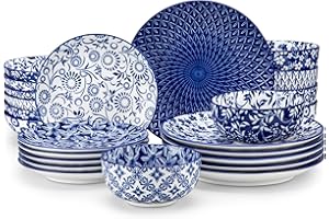 vancasso Selene Plates and Bowls Set, 24 Pieces Vintage Blue Porcelain Dinner Sets for 6 People Scratch Resistant Dinnerware Sets Crockery Set, Mircowave Dishwasher Safe Dishes Set