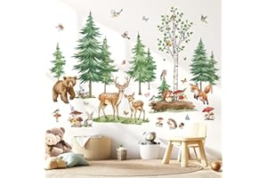 wondever Stickers Muraux Grand Pin Arbre Foret Animaux Autocollants Muraux Mural Stickers Bouleau Arbre Ourson Cerf Renard pour Chambre Enfants Bébé Pépinière Salon