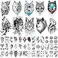 AWLEE 50 Sheets Forearm Half Sleeve Wolf Temporary Tattoos for Men Women Adults Fake Tattoos 3D Large Tribal Wolf Coyote Fake Tattoo Stickers Black Realistic Animals Art Tattoo