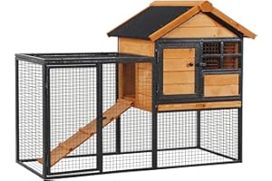 PawHut Gabbia per Conigli con Casetta, Rampa e Area Aperta, Conigliera in Legno e Metallo Giallo Chiaro, 122x63x92cm