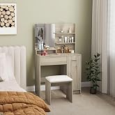 HOMCOM Makeup Vanity with Stool, Mirror, Anti-Tip, Natural | Dressing Table with Mirror, Open Shelves, Drawer, Adjustable She