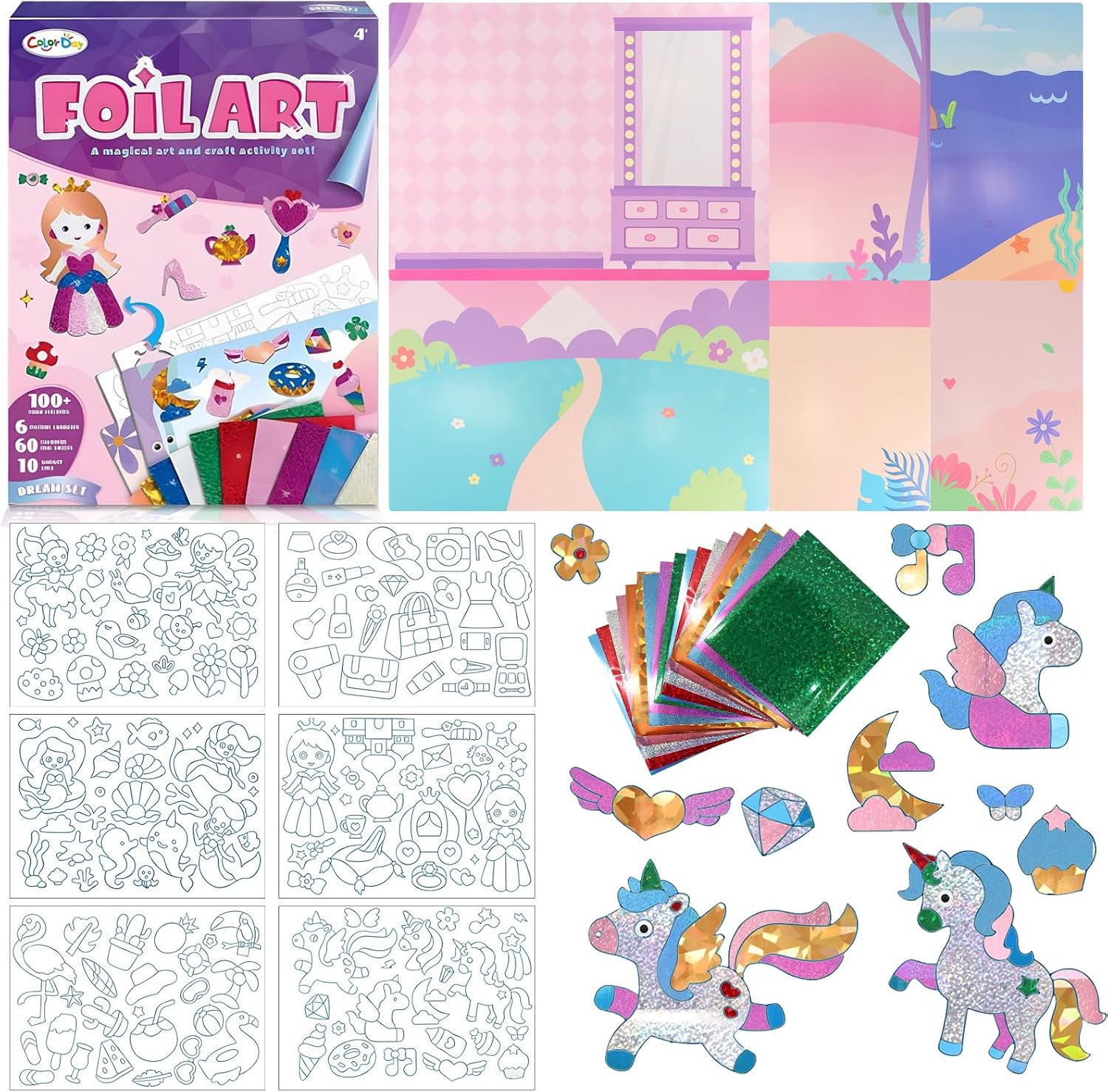 nplaseta Juego de arte divertido de lámina infantil, arte de lámina infantil de Unicornio y princesa, juego de artesanía para niñas de 3 a 10 años, Diversión de papel de aluminio para niños