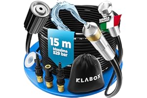 KLABOX Sonda Sturatubi per Idropulitrice 15 Metri | Compatibile con Karcher K2-K7, Lavor, Bosch, Parkside e Altre Marche | | Include 3 Adattatori, 2 Ugelli, 1 Borsa e 1 Nastro Teflon