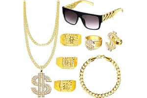 Goenb 8 Piece Pimp Costume, Anni '80 '90 Accessori per Rapper Catena d'oro Uomo Gangster Gang Occhiali da sole Catena di dollari d'oro Anelli Hanzi Per Carnevale Fasching Mottoparty