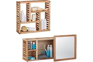Relaxdays 2 Scaffali da Bagno, Mobile con Specchio Scorrevole, Mensola a Muro con 5 Ripiani, da Parete, Legno di Noce, Naturale