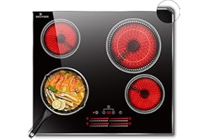 DELITEER Glaskeramikkochfeld 4 Platten mit Rahmen, Kochfeld Einbau 60cm, 6600W, Individuelle Touch-Steuerung für Separate Heizzonen, Flexible Doppelzone, Herdplatte 4 Kochfelder, Kein Stecker, 240V