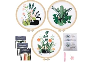 JSRQT 3 Pezzi Ricamo Starter Kit di Ricamo Starter Gatto Ricamo a Mano a Punto Croce Embroidery Kit per Adulto Principianti Embroidery Cross Stitch Starter Kit Punto Croce Prestampato Cucire Accessori