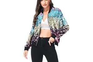 Anna-Kaci Womens Sequin Long Sleeve Front Zip Jacket with Ribbed Cuffs