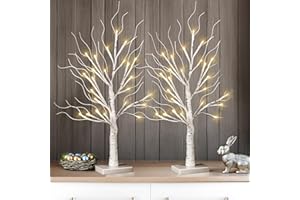 MOSII Set of 2 Easter Tree with Lights for Tabletop Decorations 60cm/2FT, 24 Warm White LEDs Birch Twig Tree Battery Operated for Home Party Wedding Easter Christmas Table Centrepiece