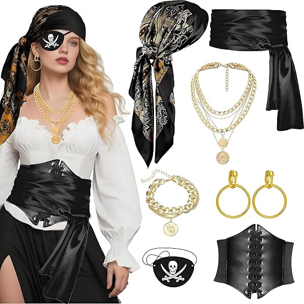 Set De Accesorios Pirata Para Mujer – Pañuelo, Fajín, Collar, Pulsera, Parche Y Pendientes, Ideal Para Halloween, Carnaval Y Cosplay