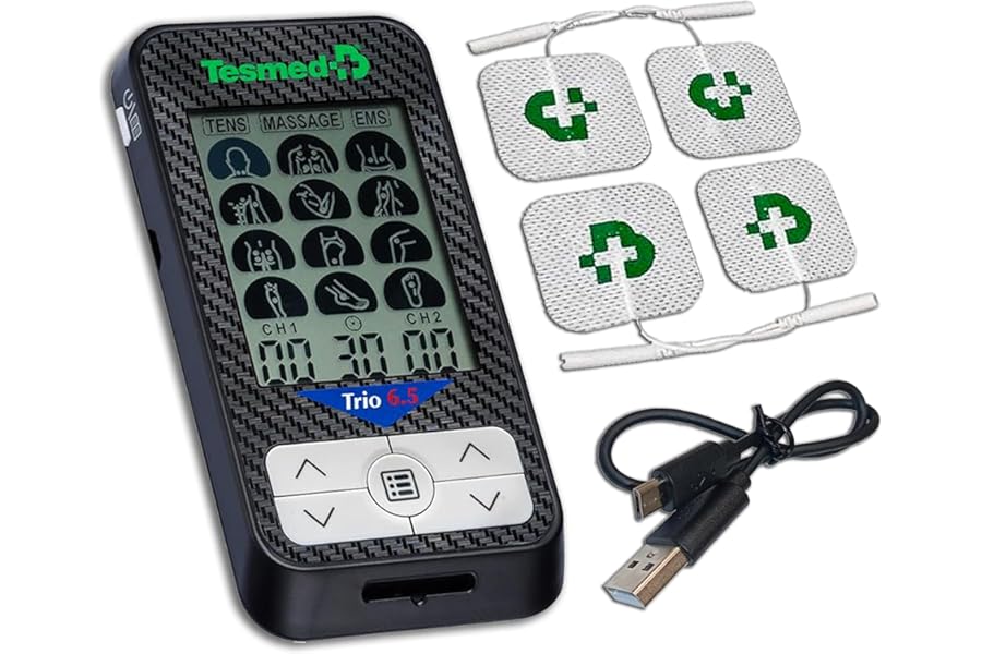 TESMED Trio 6.5: USB Rechargeable Muscle Stimulator - 36 Programs, 40 Intensity Levels, 4 Electrodes - EMS, TENS and Massage