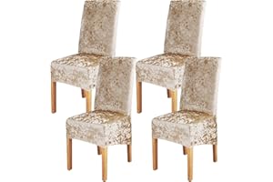 LIVEGO Crushed Velvet Large Size Dining Chair Covers Set of 4,Dining Room Chair Slipcovers,Stretch Elastic Removable Washable High Back Chair Covers for Dining Room,Hotel,Kitchen,Home(Champagne,Pack of 4)