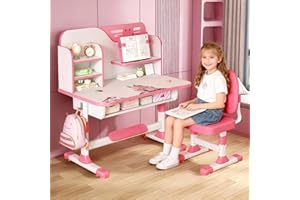 cukoekim Kids Study Desk Chair Set, Children Adjustable Desk and Chair Set School Study Table Chairs, Home School Learning Desk with Ergonomic Chairs with Cartoon Pattern, Bookshelf and Drawer (Pink)
