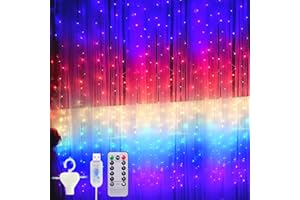 Vleuexe Cortina de Luces Navidad,3x 3m Luz de Cortina USB con Mando a Distancia 8 Modos de Luz,IP44 Impermeable Función de sincronización,para Decoración Bodas,Fiestas,Ventanasy Dormitorio(Arcoíris)