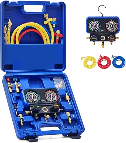 BACOENG 4 Way AC Diagnostic Manifold Gauge Complete Set for R134A R410A R22, with 150cm Hose, Adjustable Quick Couplings and Universal Can Tap BACOENG 4 Way AC Diagnostic Manifold Gauge Complete Set for R134A R410A R22, with 150cm Hose, Adjustable Quick Couplings and Universal Can Tap