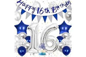 Hierein 16th Birthday Decorations for Boys, Silver Blue Balloons Party Decoration With Happy Birthday 16th Banner, Cake Toppers and Triangle Flags, 16 Blue Party Decoration for Him