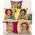 HOOPY Set of 5 Designer Decorative Throw Pillow/Cushion Covers (16 inch x 16 inch, Girly Print)