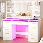 ANWBROAD Makeup Vanity with Mirror and LED Lights, Makeup Table | Tempered Glass Doors and Sockets, Modern Vanity with 11 Dra