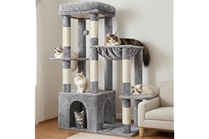 Heybly Rascador para Gatos 120cm - Torre para Gatos Adultos con Base XL, Incluye Múltiples Niveles, Muebles de Peluche, Rascador, Hamaca y Juguete con Bola, Gris Claro HCT026W