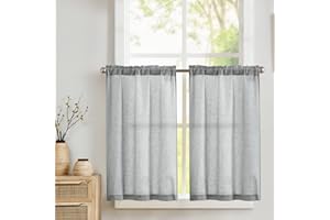 TOPICK Zazdrostki kuchenne, szare, lniane, bistro ze ściągaczem tunelowym, zasłony kuchenne na drzwi balkonowe, do przyczepy kempingowej, w stylu wiejskim, krótkie, półprzezroczyste, zestaw 2 sztuk,