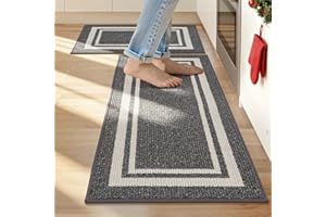 COSY HOMEER Nonslip Kitchen Runner Rug Set 2 Pieces, 61x90cm+61x152cm, Absorbent and Machine Washable Kitchen Floor Mats, 100% Polypropylene Carpet Runners for Anti Water Splashes, Grey