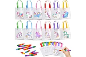 TOYSSA Pack of 12 Unicorn Bags for Painting, Non-Woven Bags, Fabric Bags for Painting, for Children, Stackable Wax Crayons, Gift Bags, Party Bags, Guest Gift, Children's Birthday Bags, Painting Set, Craft