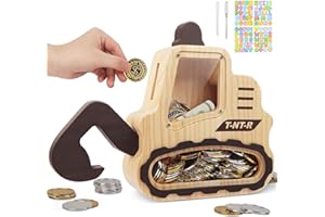 omedecal Spardose für Kinder, Sparschwein Sparbüchse Spardosen Holz Personalisiert mit Marker & Aufkleber für Mädchen Jungen Kinder - Bagger