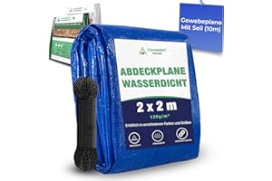CoverUp! 2x2m Abdeckplane Wasserdicht - Farbe: Blau, 120g/m², Gewebeplane mit ösen, Verstärkte Gummiecken - Plane Wasserdicht UV-Schutz für Gartenmöbel, Bauplane, zeltplane inkl 10m Seil, 2x2