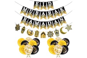 AhfuLife Eid Mubarak Decorations, Ramadan Mubarak Decorations for Home, Preassembled Eid Ramadan Banners Bunting - Black and Gold Islamic Decorations with 16 Pcs Balloons for Home Party Decor