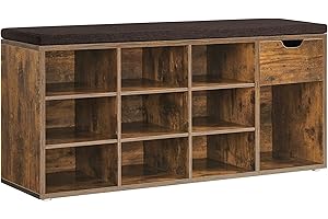 ‎VASAGLE VASAGLE Ławka na buty, z szufladą i przegródkami, półka na buty, wyściełane siedzisko, korytarz, wejście, sypialnia, 30 x 104 x 48 cm, rustykalny brąz i brązowy LHS024T01