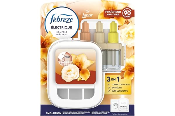 Febreze Kit De Démarrage Diffuseur Électrique Parfum Souffle Précieux, Prise + Recharge de 20ml, 3 Parfums en Alternance, Combat les Odeurs et Rafraîchit Jusqu'à 90 Jours