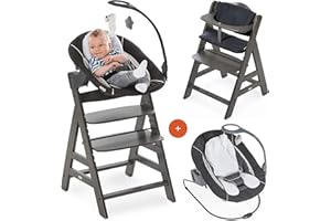 hauck Alpha Plus Newborn Set Deluxe - Seggiolone In Legno Evolutivo dalla Nascita - Sedia Bambini con Sdraietta Dondolo Neonati Reclinabile e Cuscino - Carbone