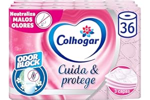 Colhogar, Cuida&Protege 3 x 12, Papel Higiénico con tecnología Odor Block, neutraliza malos olores, Paquete con 36 Rollos, 3 Capas, rollos color rosa y con una fragancia fresca