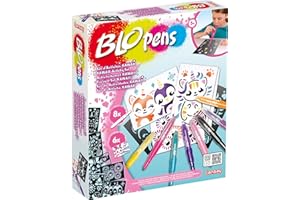 Lansay - BLOPENS - Set d’Activités Kawaii pour Enfants dès 5 Ans - 8 Feutres Magiques Effet Aérographe - 6 Pochoirs Réutilisables - Coloriage Mignons - Jouet Créatif Fille - Idée Cadeau Coloriage