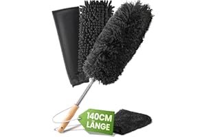 ‎BAMBUA BAMBUA Staubwedel Teleskop [5 TEILIGES Premium Set] mit edlem Bambusgriff - Erstklassiges Staubwischer Set für erstklassige Reinigung von Haushalt und Auto - Staubfänger Ausziehbar bis 140 cm
