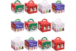 GWHOLE Zestaw 12 pudełek na prezent na Boże Narodzenie, z uchwytem, kartonowe, pudełko bożonarodzeniowe do napełniania, pudełko prezentowe na słodycze, ciastka, DIY, prezent na imprezę, dekoracja