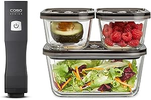 CASO Vacu OneTouch Eco-Set - Aspirador manual al vacío de Alimentos incluye 3 recipientes de vidrio y 10 bolsas ZIP - con hasta 150 minutos de autonomía - Envasadora al vacío doméstica - negro