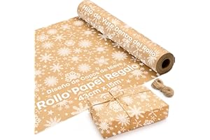 VOLILA Papel Regalo Navidad Kraft Con Diseño de Copos de Nieve - Rollo de 15 m x 43 cm Con 2 Cuerdas de Yute - Ideal Para Navidad