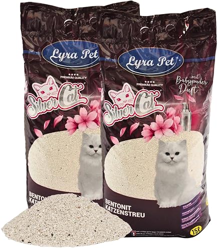Lyra Power Ultra Excellent Katzenstreu, 15 Liter – Mit Babypuderduft, Klumpend, 350% Saugkraft, Aus Bentonit