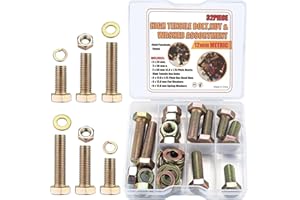 SYBDXJ Tornillos de cabeza hexagonal y tuercas con arandelas, kit de 32 piezas DIN 933 Tornillos de rosca de máquina con tuercas y arandelas/arandelas elásticas - Métrico M12