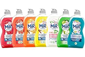 Mir - Megapack Découverte de 7 Liquides Vaisselle 450ml – Vinaigre & Framboise, Citron, Orange, Pamplemousse, Pomme, Aloe Vera, Fleur de Lotus & Criste Marine – Parfumés, Écologiques, Doux