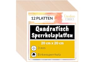 Creative Deco 12 Quadratische Sperrholzplatte 3mm | 200 x 200 (+/- 2) mm | Birkensperrholz Dünne Holz-Zuschnitte laserfähig | Sperrholz Platte perfekt als Baumaterial