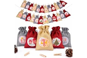 FORETOY Calendario dell’Avvento da Riempire – 24 Sacchetti in Juta con Numeri Stampati – Calendario Natalizio Fai-da-te Riutilizzabile per Bambini e Adulti, Decorazioni per la Casa