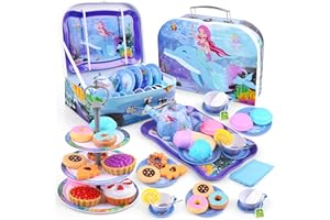 Auney 38 Pcs Teeservice Kinder,Meerjungfrau Spielzeug Tragekoffer