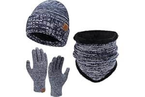 Bequemer Laden Herren Winter Mütze Touchscreen Handschuhe und Loop Schal Set mit Fleece Gefütterte Wintermütze Beanie Strickmütze Winterhandschuhe Schlauchschal Geschenk für Männer Frauen
